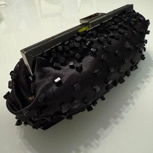 Express Black Satin‎ Beaded Clutch — Evening Bag — 11"